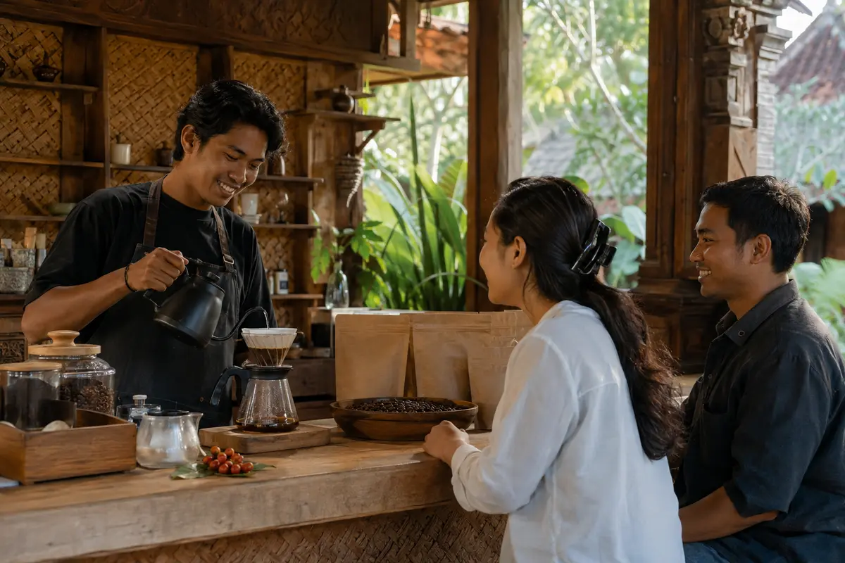 Ilustrasi kedai kopi lokal dan barista Bali