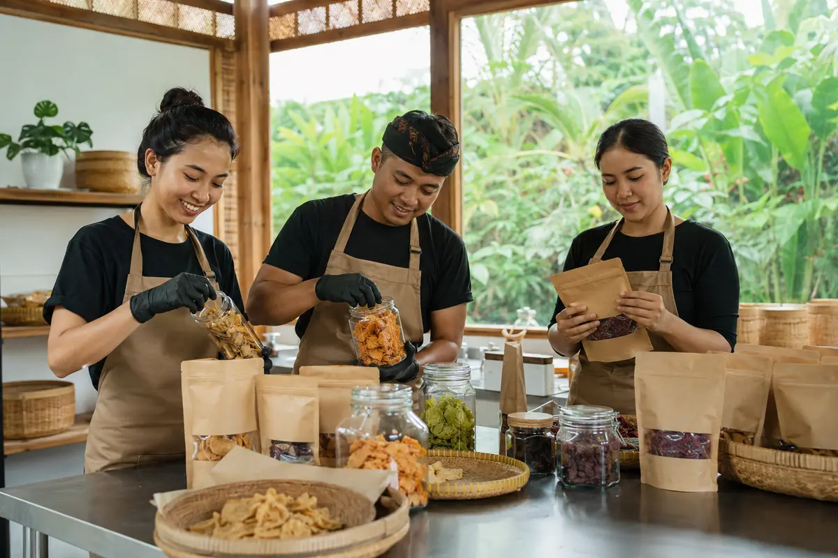 Ilustrasi produksi dan pengemasan pangan UMKM Bali